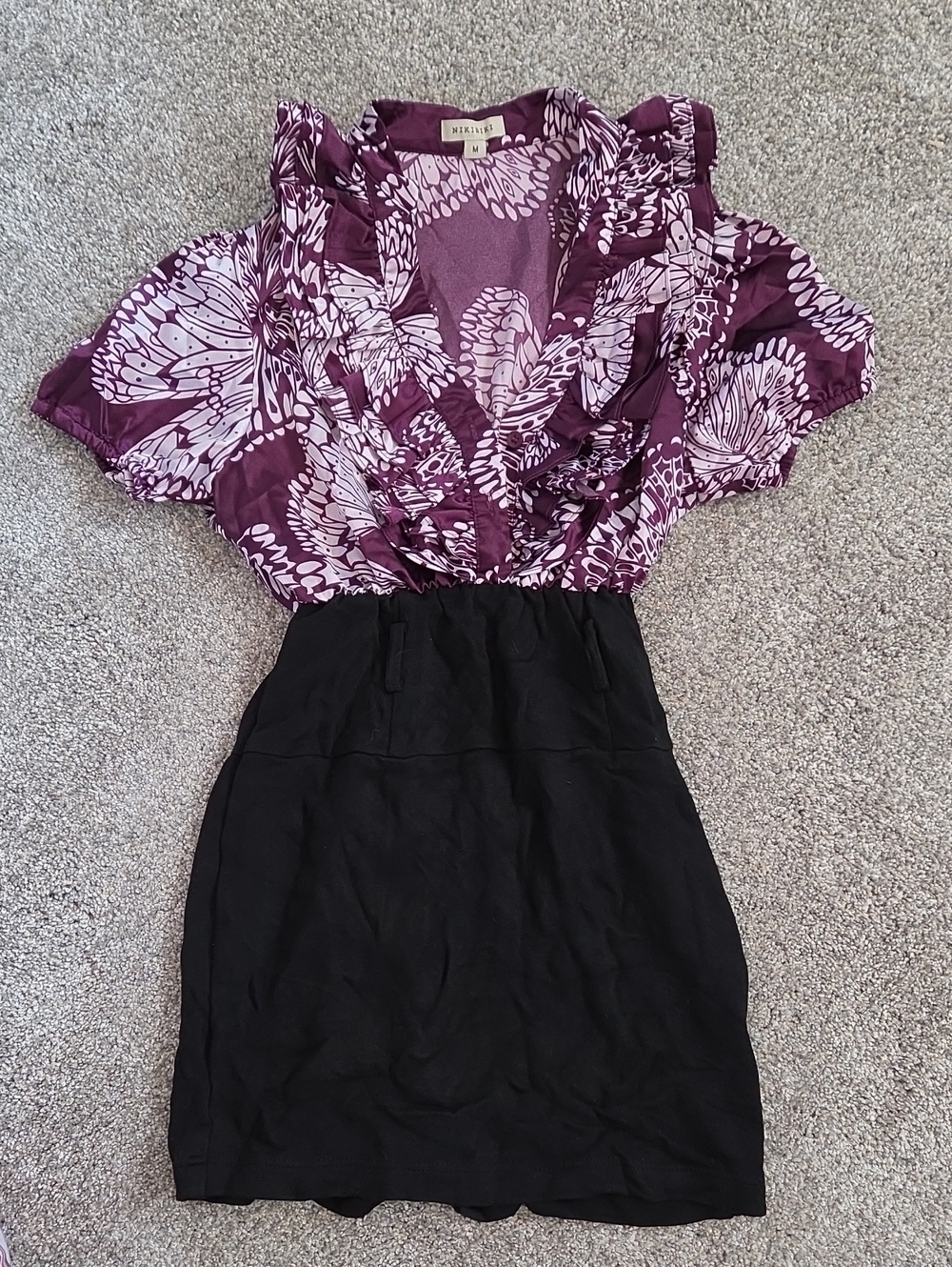 Floral Ruffle V Neck Bodycon Mini Dress, Plum And Black